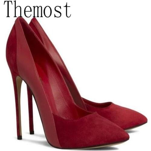 ARQA European and American early spring latest high heel 12 cm sexy lady pointed single shoes suede stitching large size34-48