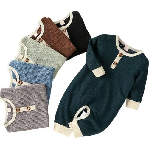 Baby Waff Plaid Jumpsuit, Splicing Color Henley Neck Long Sleeves Knitted Rompers Buttons for Toddlers, Girls, Boys, 0-24 Months