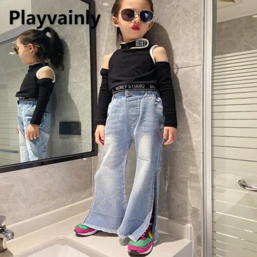 2021 New Autumn Kids Boys Girls Pants Light Blue Elastic Hight Waist Denim Boot Cut Side Slit Trousers Children Clothes E3900
