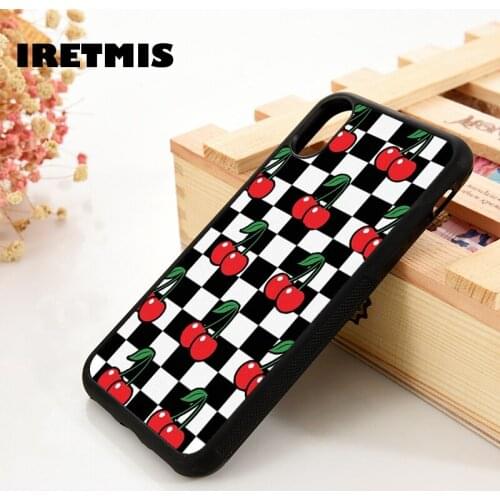 Iretmis 5 5S SE 6 6S TPU Silicone Rubber Phone Case Cover for iPhone 7 8 Plus X Xs 11 12 MINI Pro Max XR Cherry Checkered