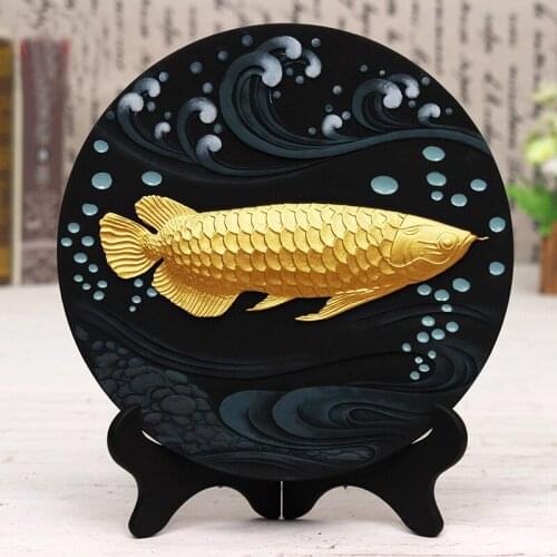 CHINA Foreign Business Gifts HOME OFFICE Company Talisman Auspicious Lucky Arowana Golden Fish Ornament Wood carving statue