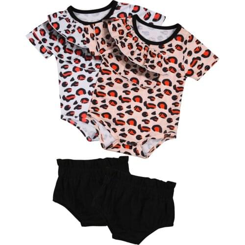 2Pcs Breathable Baby Girls Outfit, Summer Fashionable Leopard Print Flouncing Short Sleeve Round Collar Romper + Casual Shorts