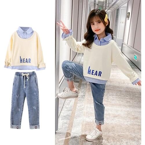 Fake Two-piece Hoodies+Cowboy Pants Suit School Girl Outfit Korean Turn-down Collar 2021 New Spring fall Teenage Girls Clothing