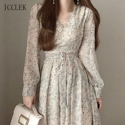 Korean Fashion WomenS Dress V-Neck Long-Sleeved Dress Chiffon Dress 2021 New Summer Dress Office Lady Long Dress Casual Dress