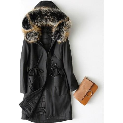 Genuine Leather Jacket Women Long Real Sheepskin Coat Natural Raccoon Fur Collar Hooded Winter Down Jackets 2020 X-38-1