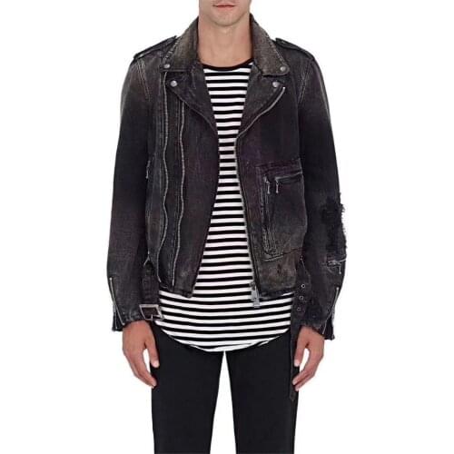 2019 New Harajuku Frayed Rock Vintage Black Zipper Denim Jacket Men Punk Sudadera Hole Streetwear Ruched Washed Patchwork