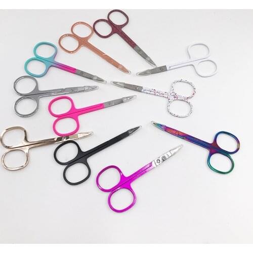 Wholesale 1Pcs Dainty Colorful Stainless Steel Eyebrow Scissor Small Nail Tools Eyebrow Trim Scissor Point Curve Tip Makeup Tool