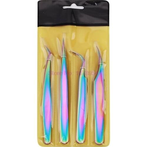50sets 4pcs/set TOP quality Stainless Steel Tweezers rainbow color Straight Bend Multifunction eyelash tweezers