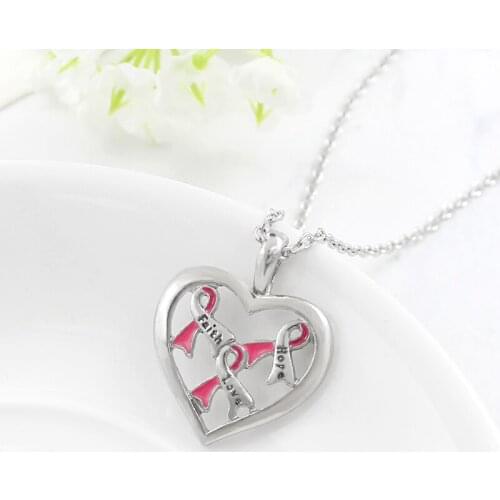 Simple Full Heart Pink Ribbon Pendant Necklace Faith Love Hope Hollow Heart Necklace Jewelry Love Gift for Mom and Friends