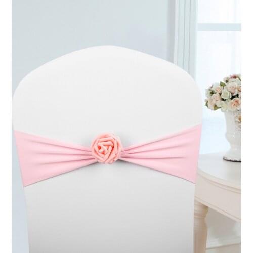 10pcs Chair Sashes Bows Decor Elastic Spandex Chair Sash with Pink Flower Stretch Chair Band Wedding Decoration