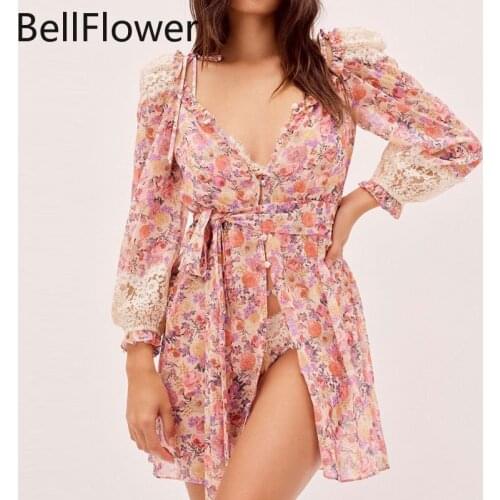 Sexy Lace Swing Dress Spliced Wood Ear Casual Long Sleeve Bandage Comfortable Breathable Clothing Women Party Dress Wholesale