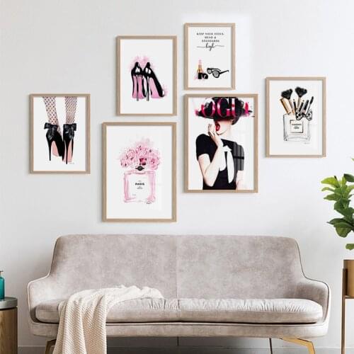 Modern Fashion Woman Poster Perfume Heels Canvas Art Painting Pink Flower Wall Prints Vogue Picture for Girl Room Decoration