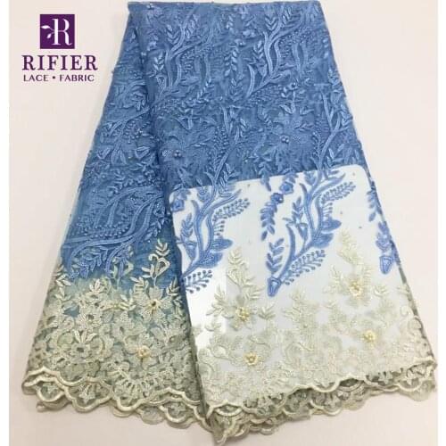 Light Blue Color Stones Beads Net Lace Fabric African Embroidery Quality Tulle Fabrics Rhinestones Beaded Guinean Wedding Laces