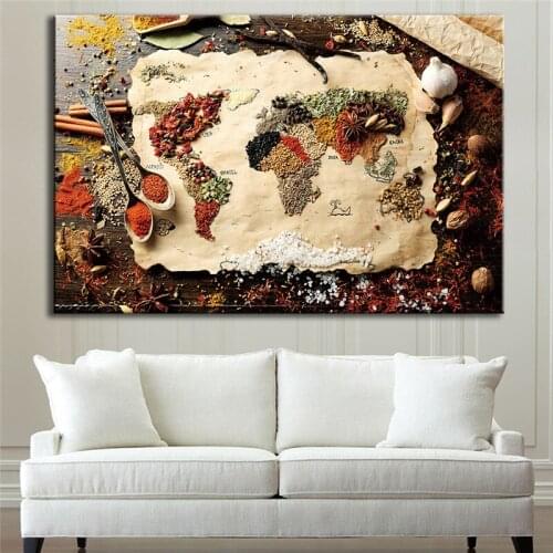 Herbs and Spices for Cooking World Map Oil Painting on Canvas Posters Prints Cuadros Wall Art Pictures For Living Room framed