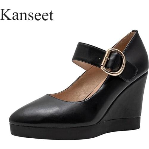 Kanseet Fashion Wedges Genuine Leather Shoes 2021 Women Pumps Spring Autumn Buckle Pointed Toe High Heels Office Black Female