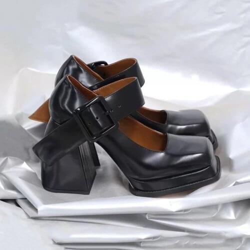 Mary Jane High Heels Shoes Women Square Toe Chunky Platform Pumps Women Retro Fashion One Strap Buckle Leather Shoes 2021 Spring