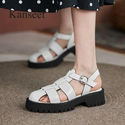 Kanseet Women Shoes New Summer Platform Sandals Black Beige Real Leather Mid Heel Shoes T-Strap Round Toe Buckle Female Footwear