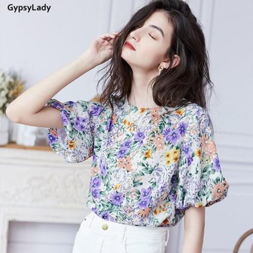 GypsyLady Floral Printed Blouse Shirt Casual Chic Office Blouse Tops Puff Sleeve O-neck Purple Beige Women Ladies Female Tops