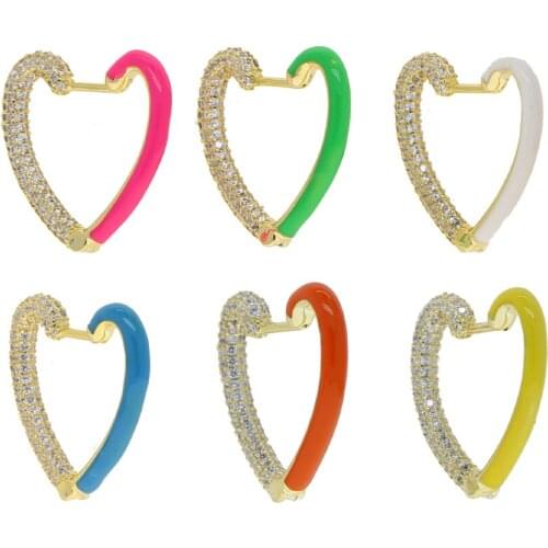 Clear cz cubic zirconia heart hoop earring half cz half Neon enamel 2020 new colorful women jewelry