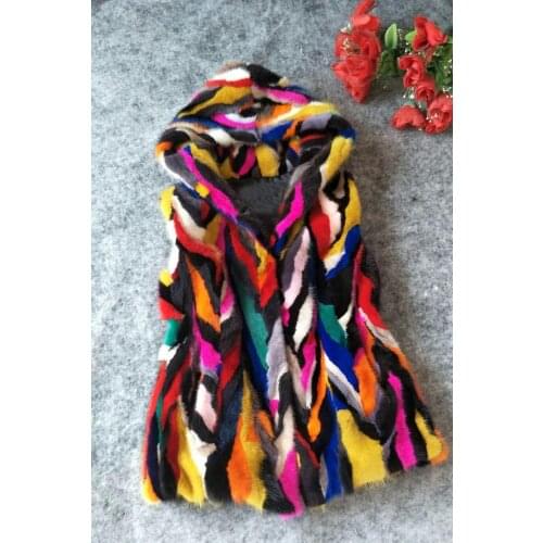 New genuine real natural multi-color mink fur vest with hood women colorfull gilet jacket winter waistcoats custom big size