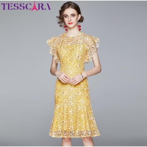 TESSCARA Women Summer Elegant Lace Dress Festa High Quality Yellow Wedding Party Robe Femme Vintage Designer Trumpet Vestidos