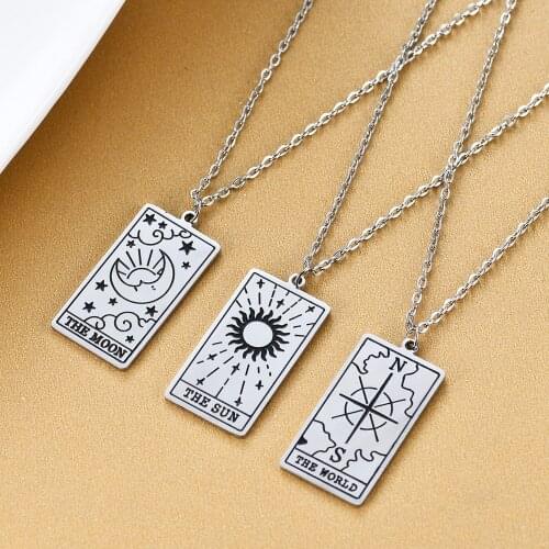 Witch Tarot Card Necklace For Women White Gold Stainless Steel Moon Sun Star Pendant Jewelry Goth Accessories Wholesale KAN179