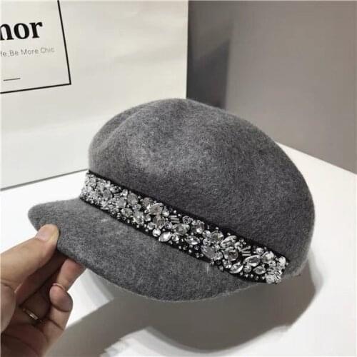 Axi01808 winter % wool good quality solid Shining diamond warm leisure lady berets cap women wool visors hat