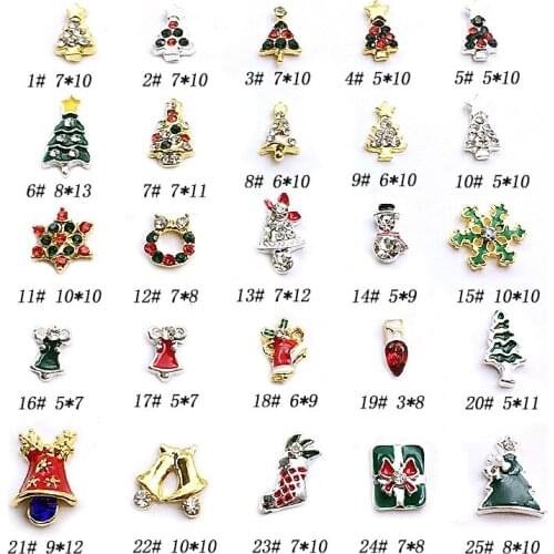 10pcs/Pack Christmas Day Rhinestone Snowman Bell Tree Boots Gift Snowflower Bride Nail Art DIY Metal Accessories Charms Decals