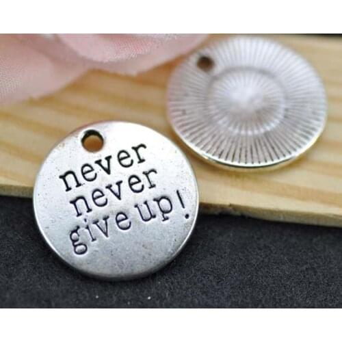 50pcs Never Never Give UP Charm Antique Silver Tone 20*20mm Fitness Gym Sports Charms For Fitness Jewelry Making
