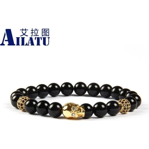 Ailatu Fashion Jewelry Wholesale 8mm Natural Black Onyx Stone with Clear Cz Skull Beaded Bracelet for men