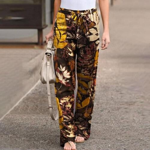 Women Trousers Floral Print Wide Leg Pants Vintage High Elastic Waist Drawstring Mid Waist Straight Leg Loose Pants for Sports