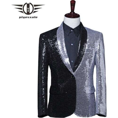 Black Silver Mens Sequin Blazer Jacket Fashion Patchwork Shiny Blazer Tuxedo Elegant Pailletten Glitter Blazers Costume Q598