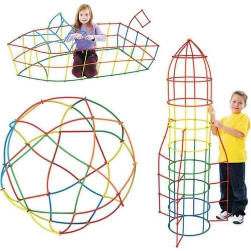 Children 4D DIY Straw Building Blocks Plastic Stitching Inserted Construction Assembled Blocks Colorful Kids Educational Toy