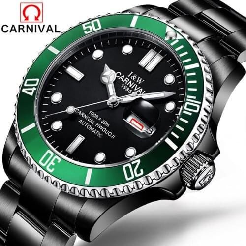 Mens Watches Top Brand Luxury CARNIVAL Watch Men Automatic Self-Wind Luminous Clock Sport Full Steel Wristwatch relogio masculin