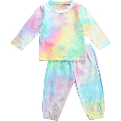 2 Pcs Tie Dye Printed Top Pants Suit Round Neck Full Length Regular Sleeve Pullover Cotton Top High Elastic Waist Pants Sets