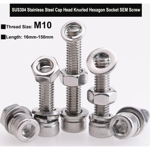 M10 SUS304 Stainless Steel Knurled Cap Head Hexagon Socket Bolt Three Combination Screw with Plain Washer Spring Washer and Nut