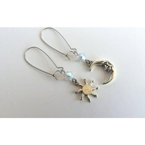 Mystical Asymmetric Sun&Moon Tunnel Earrings On Silver Plated Hooks - Earrings For Stretched Ears/Gauged Ears, Pagan Earrings