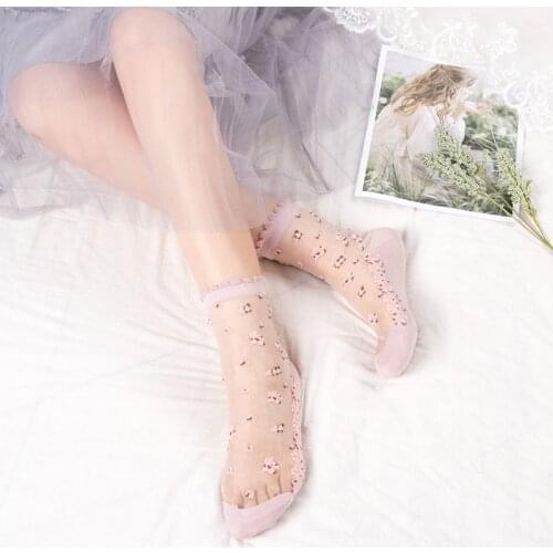 2 Pairs Breathable Ultra Thin Socks Summer Spring Women Transparent Lace Silk Crystal Rose Flower Girls Elastic Short Socks