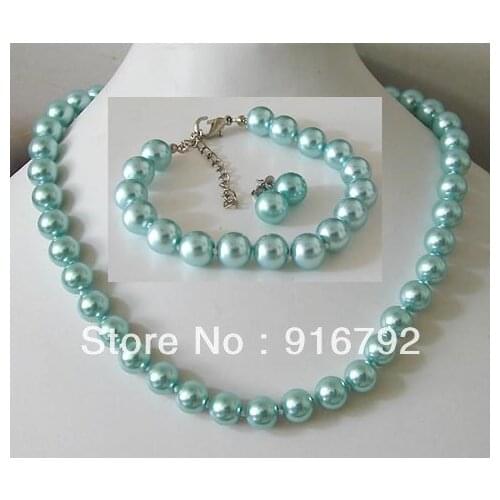 Free shipping >>>>>pretty womens jewelry 10 mm sky blue shell pearl necklace bracelet earring set