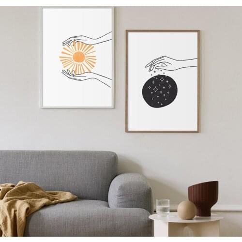Nordic Style Line Drawing Posters and Prints Celestial Line Wall Art Sun Moon Stars Wall Pictures for Living Room Home Decor