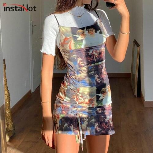 InstaHot Women Drawstring Dress Spaghetti Strap Painting Print Slim Streetwear Harajuku Summer 2021 Fashion Party Mini Dresses