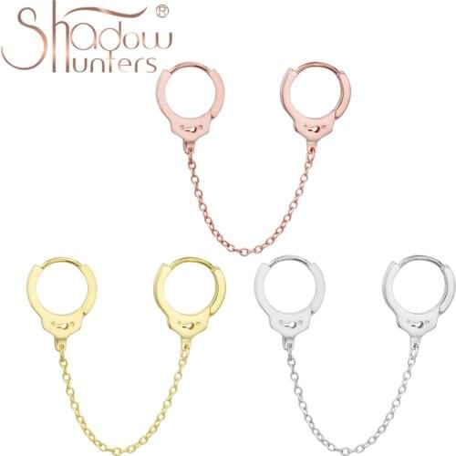 SHADOWHUNTERS 925 Sterling Silver Safty Chain Hoop Earrings Double Handcuffs Hoop Smoth Earrings Fashion Jewelry For Young Girl