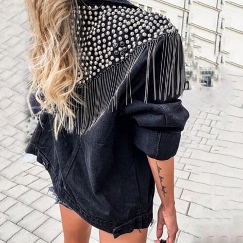 TEELYNN Boho Black Denim jacket For Women Coats Long Sleeve Autumn Loose fringe Jean Jackets 2021 Beaded rivets Casual Outwear