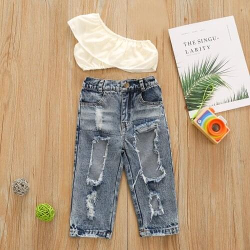 2Pcs Kids Summer Outfits, Solid Color Flounce One-Shoulder Sleeveless Crop Tops + Ripped Jeans for Girls, 18 Months to 6 Years