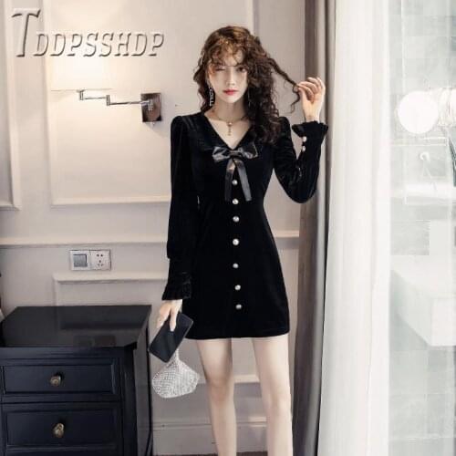 2019 Velvet French Retro Black V Neck Women Dress Bowknot Fashion Female Dresses