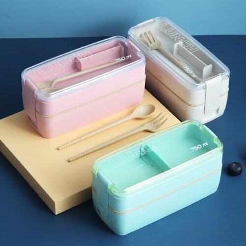 Health Material 3 Layers Lunch Box Microwavable Japanese Bento Food Container Eco-Friendly Wheat Straw 900ml Lunchbox