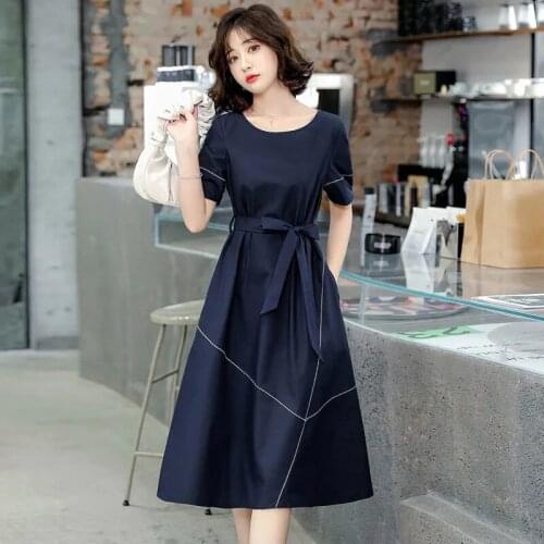 2021 summer new Korean fashion slim sashes women dresses o-neck casual patchwork short sleeve female dresses LJ3120