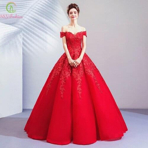 SSYFashion New Red Evening Dress Bride Married Gorgeous Red A-line Floor-length Lace Embroidery Squins Long Party Formal Gowns