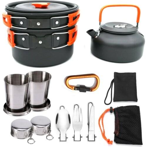 1 Set Outdoor Pots Pans Camping Barbecue Cookware Picnic Portable Lightweight Gear for Traveling Trekking Green set 12PCS