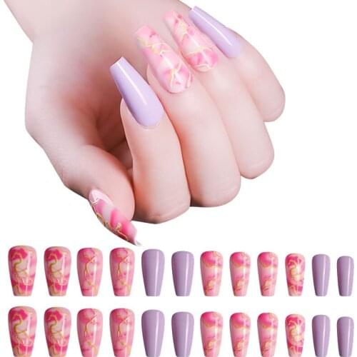 24pcs/Set Long Coffin Press on Nails Overhead with Glue Rainbow Ballerina Nail Art Tips Fake Nails Detachable Womens Fake Nails